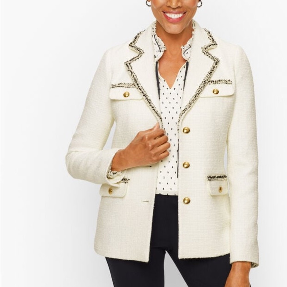 Talbots Tweed Cream Blazer with Gold Accents Size 12